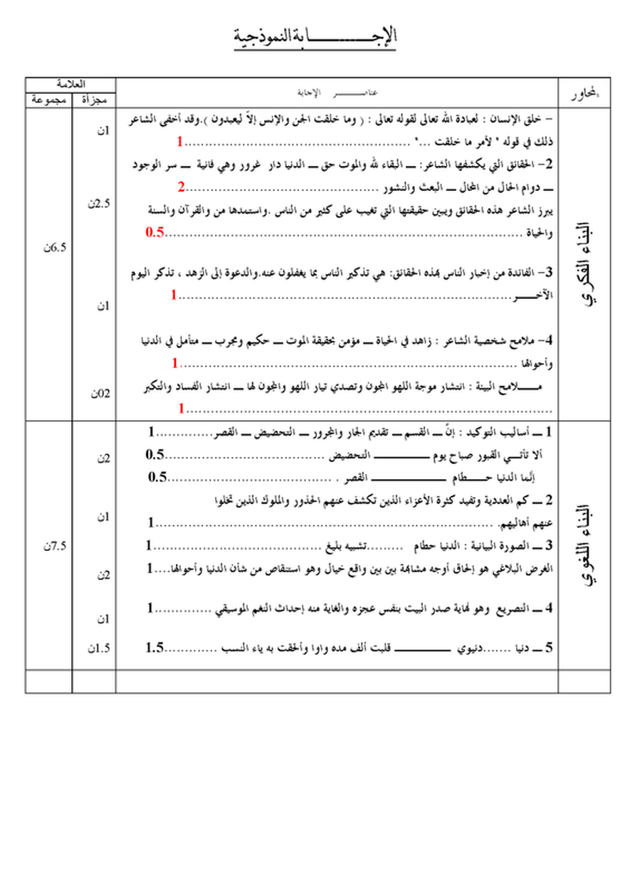 نموذج لاختبار الثلاثي الأول في اللغة العربية للشعب الأدبية 8842453